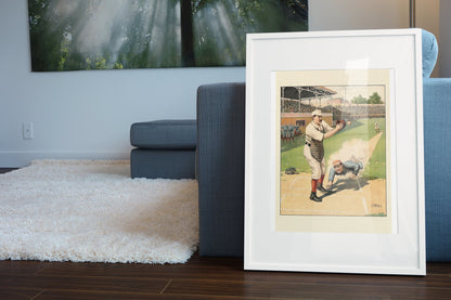 Baseball Home Plate Slide 1897 poster leaning beside a blue sofa