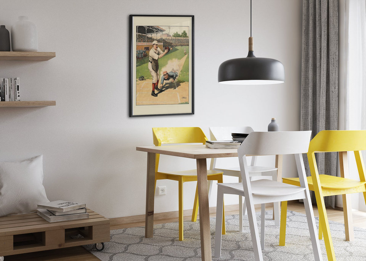 Baseball Home Plate Slide 1897 poster framed above a dining table