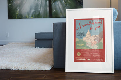 Social Security A Monthly Check to You poster leaning beside a blue sofa