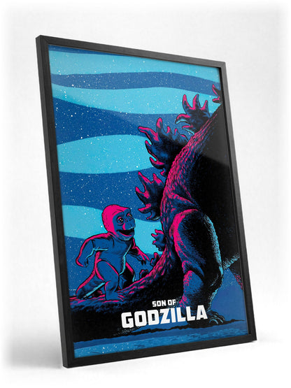 Son of Godzilla (1967) Movie Illustrated Art poster in a black frame with glass leaning against a wall