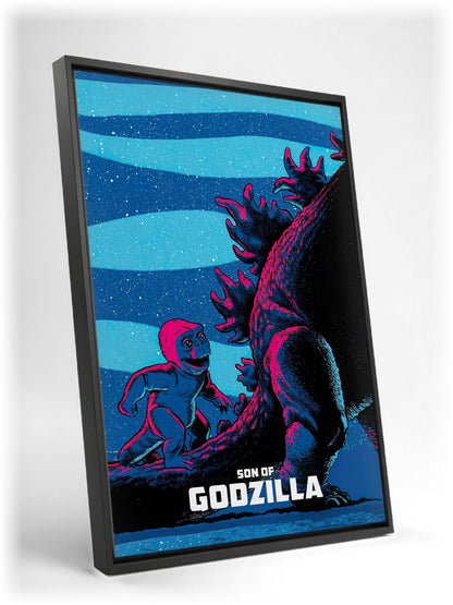 Son of Godzilla (1967) Movie Illustrated Art as a black floater framed canvas leaning against a wall