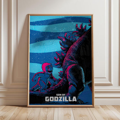 Son of Godzilla (1967) Movie Illustrated Art poster in a light oak frame leaning against a white wall