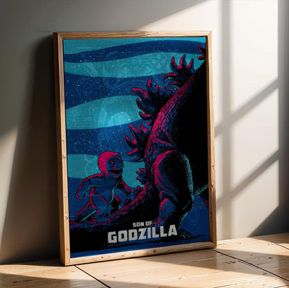 Son of Godzilla (1967) Movie Illustrated Art poster in an oak frame leaning on a wooden floor