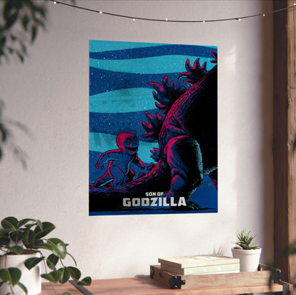 Son of Godzilla (1967) Movie Illustrated Art poster unframed on a white wall above a desk