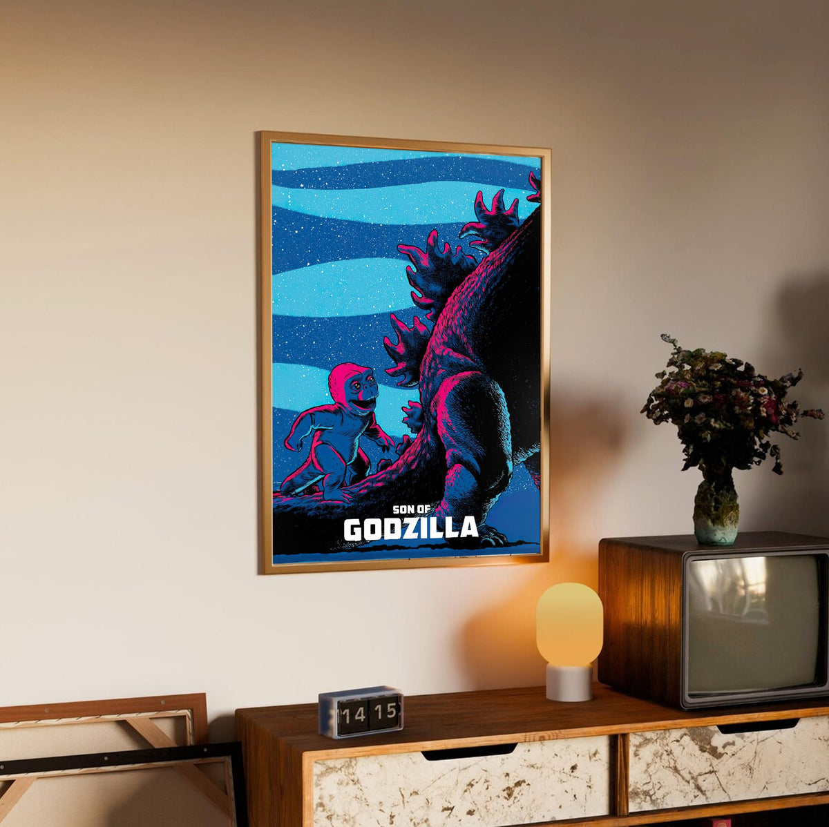 Son of Godzilla (1967) Movie Illustrated Art poster in an oak frame above a sideboard