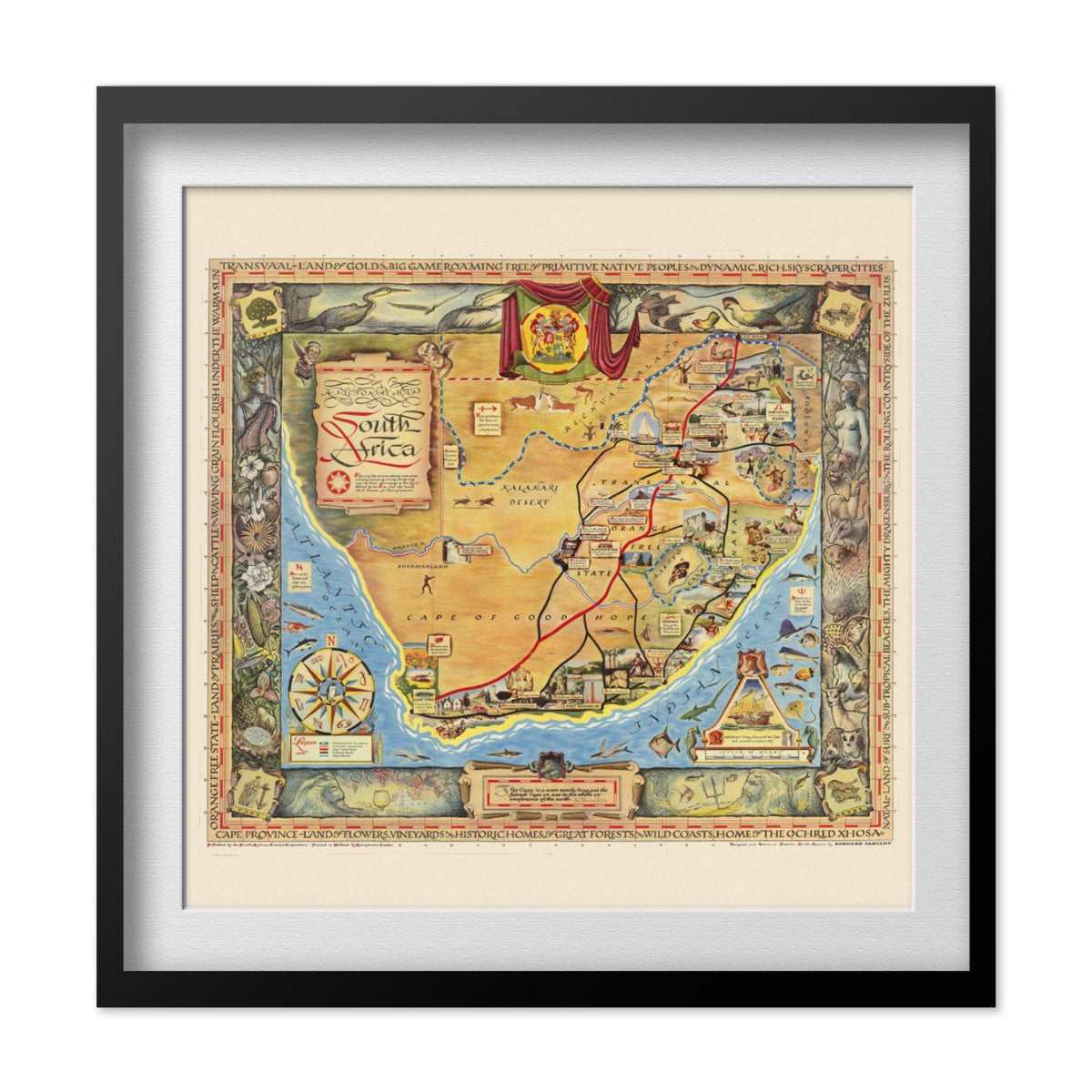 South Africa 1950s Illustrated Map print in a black frame with a white mat