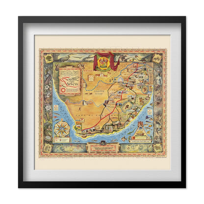 South Africa 1950s Illustrated Map print in a black frame with a white mat