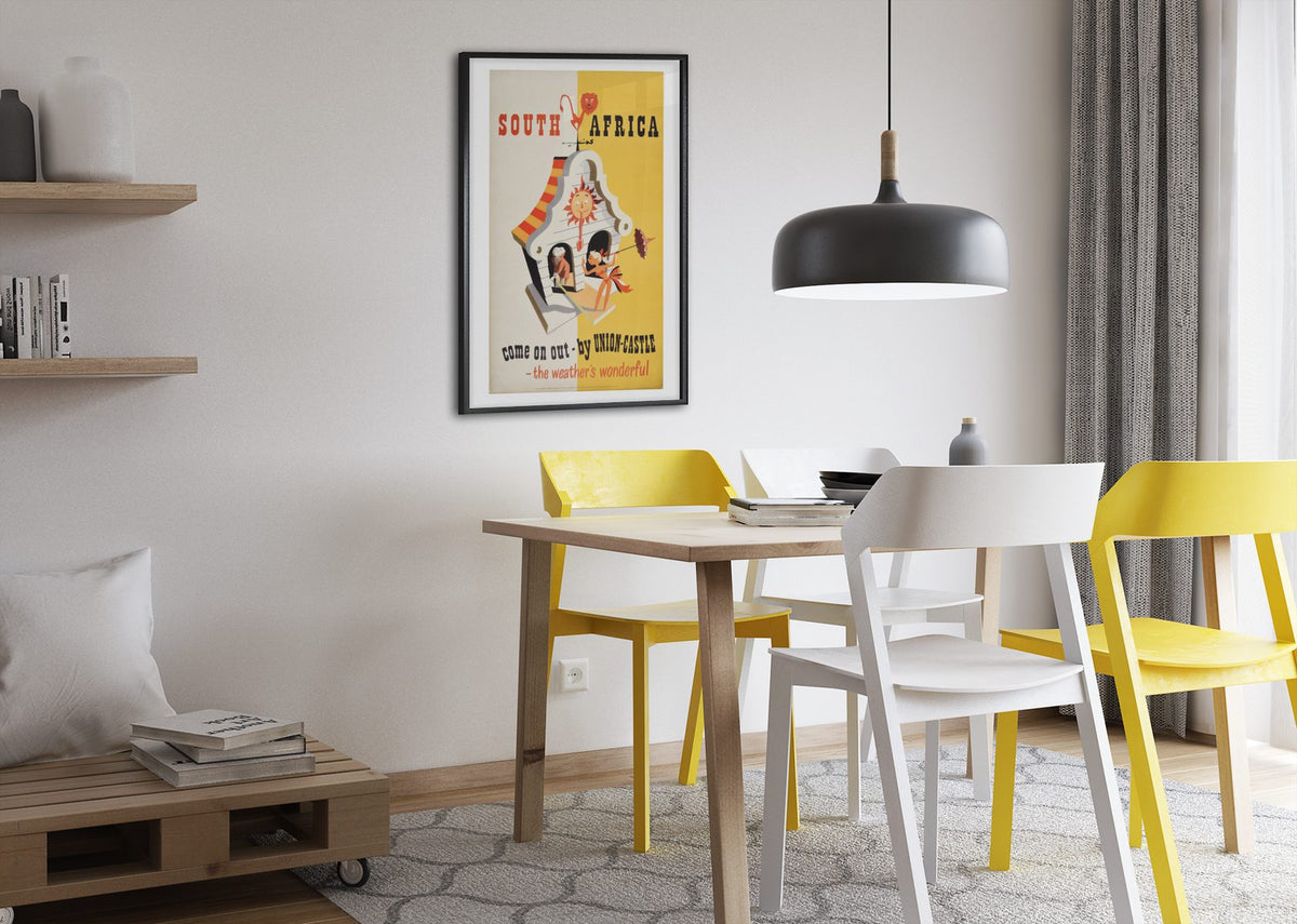 South Africa Union Castle poster framed above a dining table