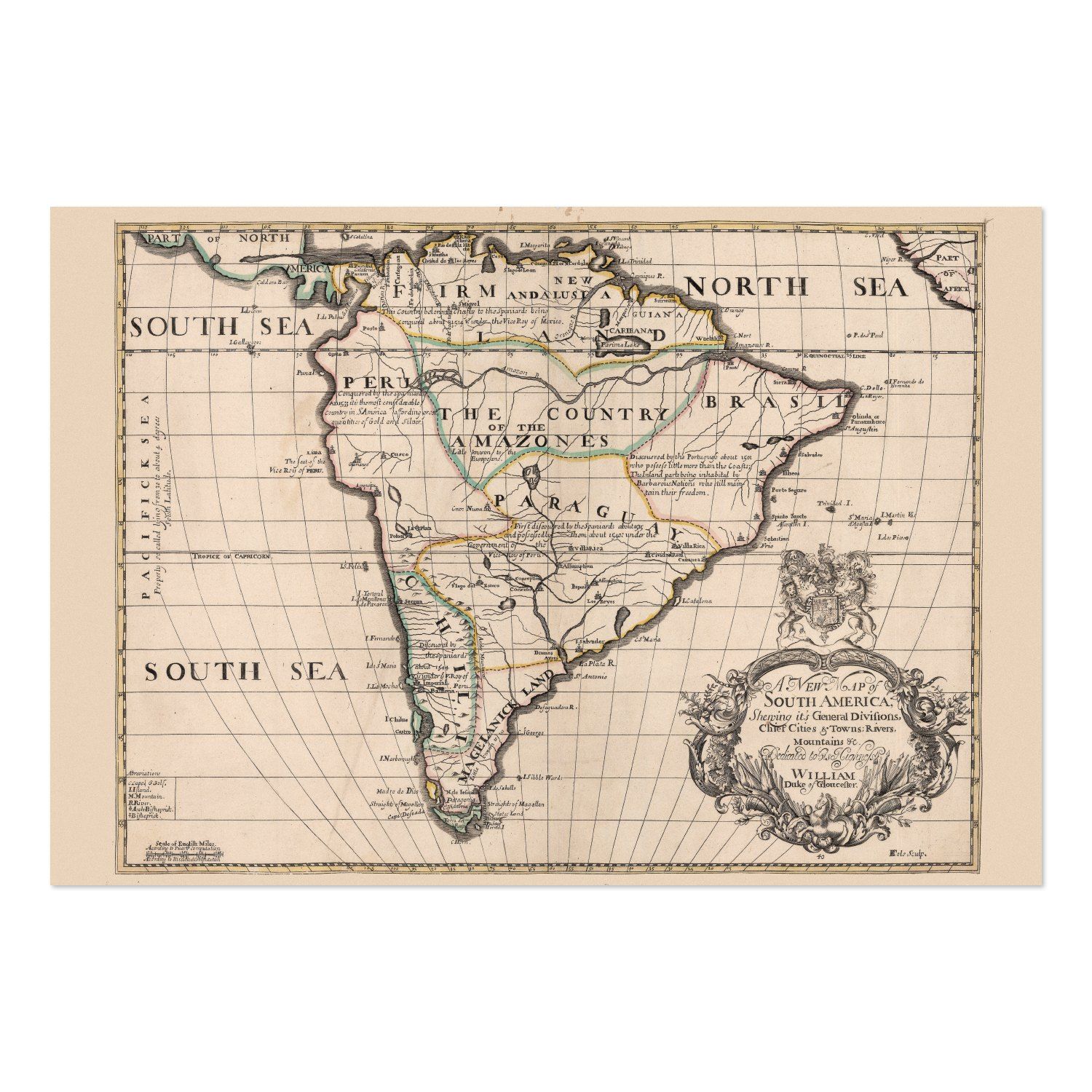 South America 1700 Map vintage print