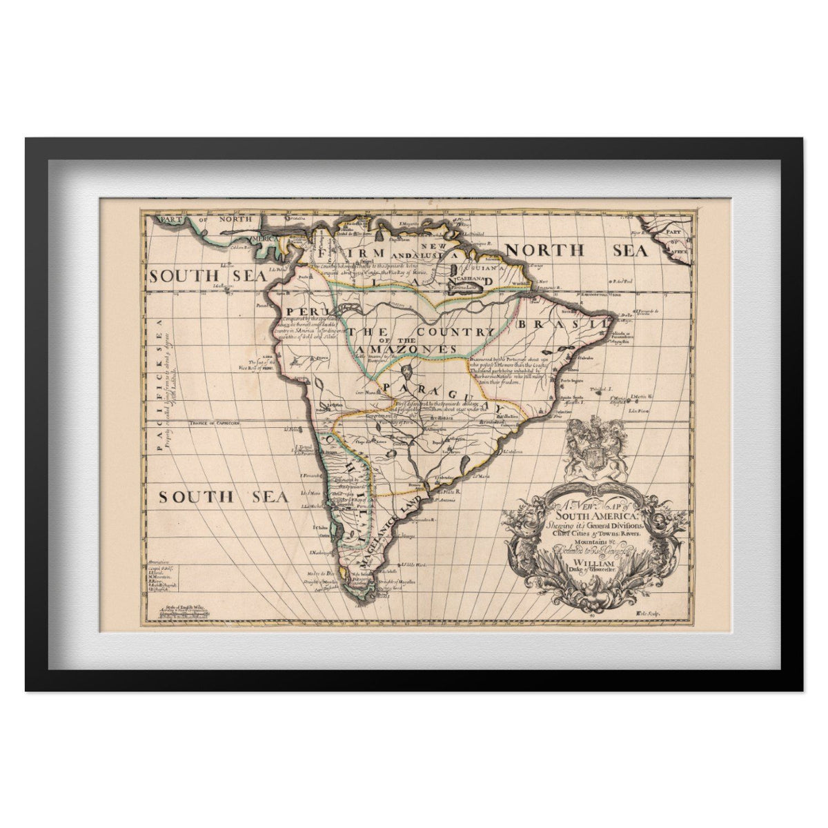 South America 1700 Map print in a black frame with a white mat