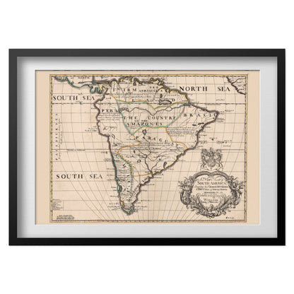 South America 1700 Map print in a black frame with a white mat