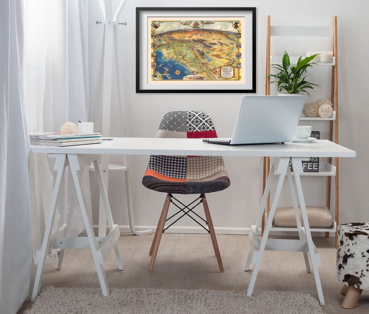Southern California 1946 Map print framed above a white desk in a home office