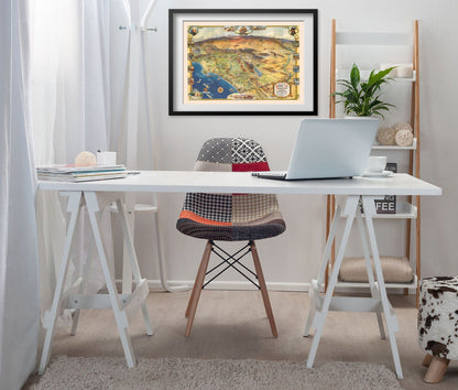 Southern California 1946 Map print framed above a white desk in a home office