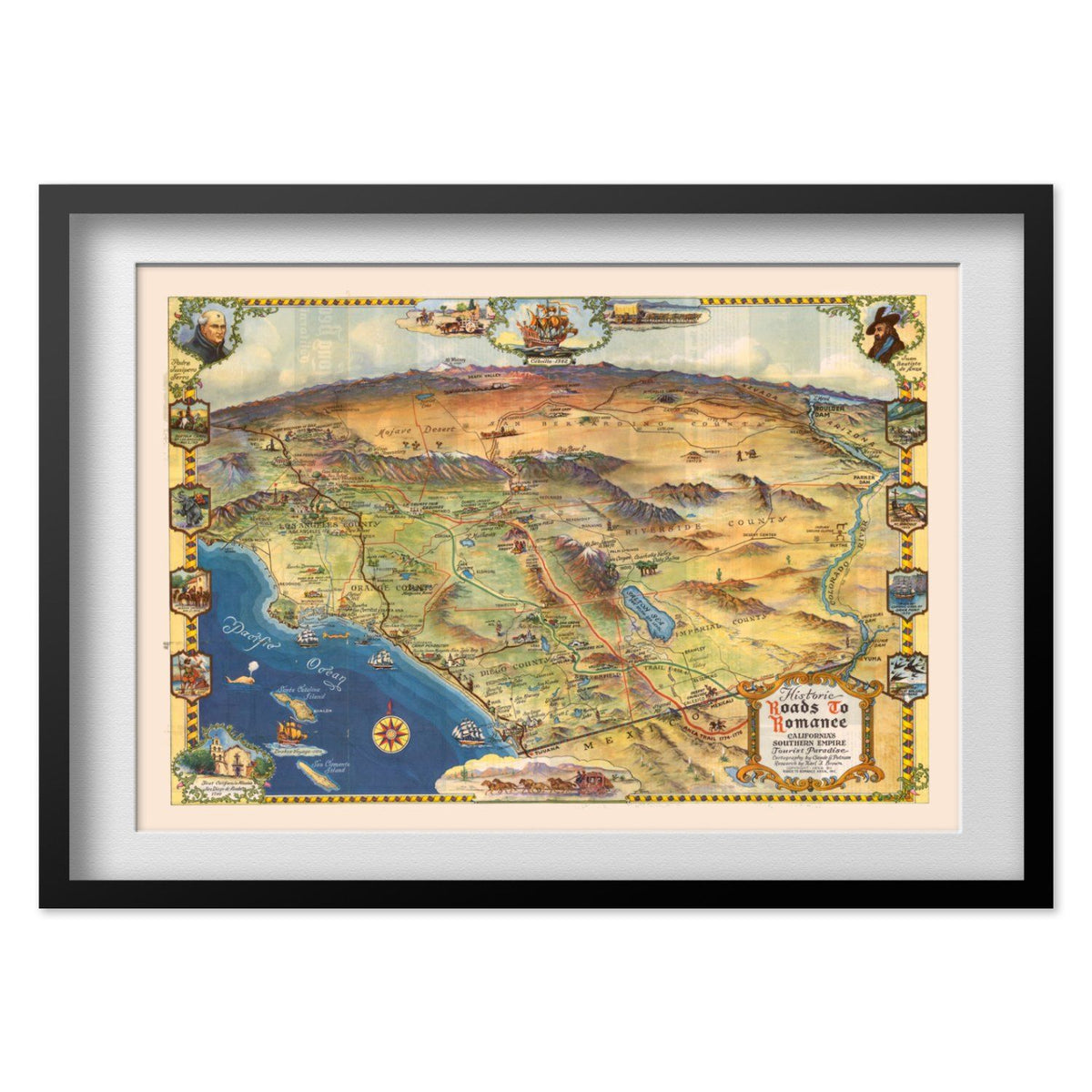 Southern California 1946 Map print in a black frame with a white mat