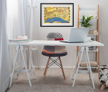 Southern California 1953 Map print framed above a white desk in a home office