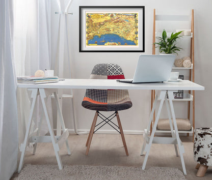 Southern California 1953 Map print framed above a white desk in a home office
