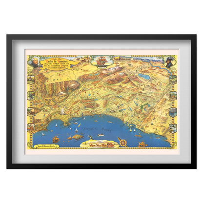 Southern California 1953 Map print in a black frame with a white mat