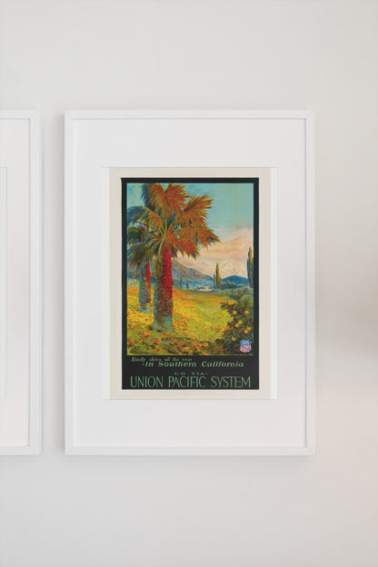 Southern California Union Pacific poster on a light wall