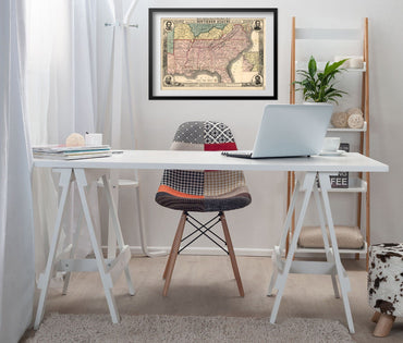 Southern States 1860s Civil War Map print framed above a white desk in a home office