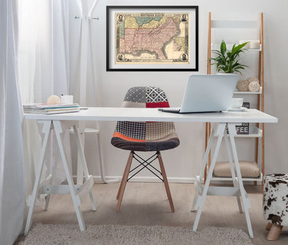 Southern States 1860s Civil War Map print framed above a white desk in a home office