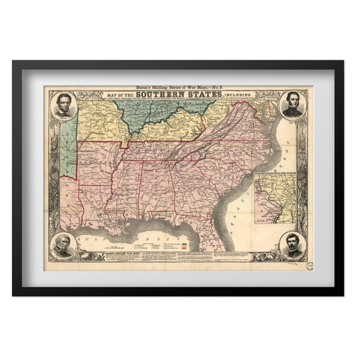 Southern States 1860s Civil War Map print in a black frame with a white mat