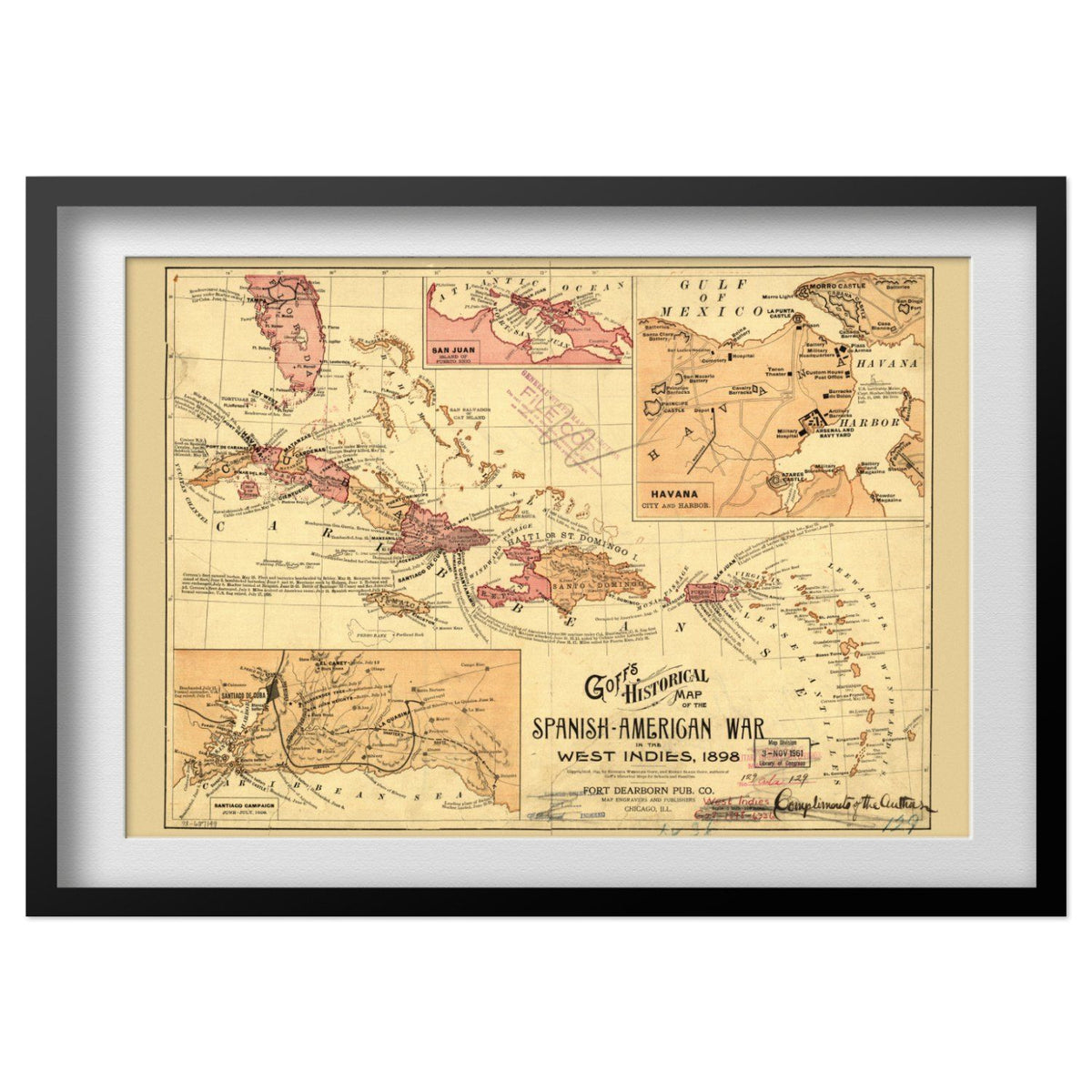 Spanish-American War 1898 Map print in a black frame with a white mat