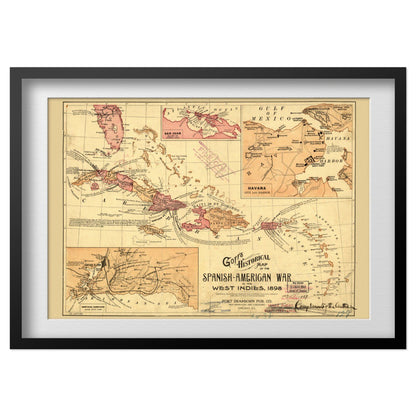 Spanish-American War 1898 Map print in a black frame with a white mat