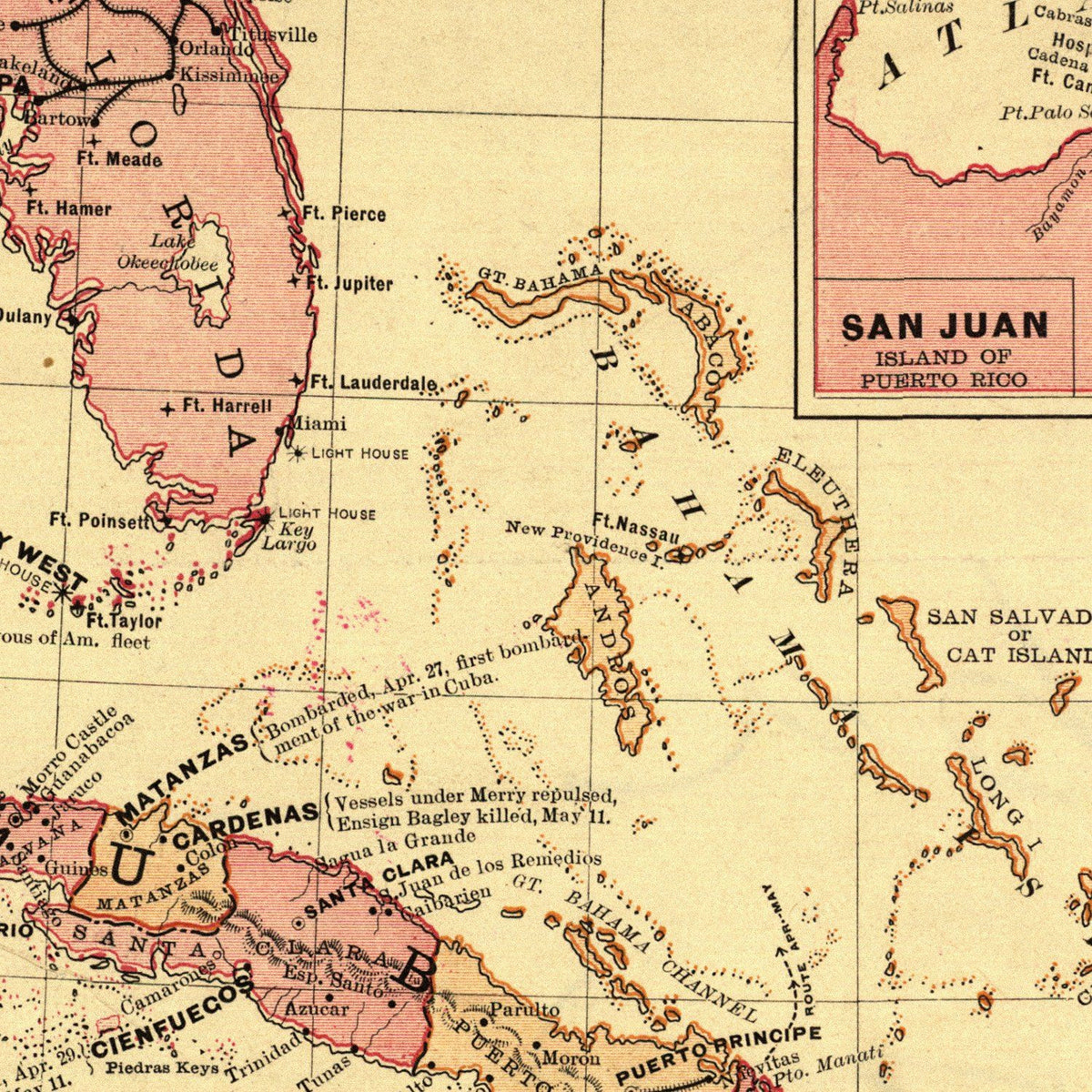 Close-up detail of the Spanish-American War 1898 Map