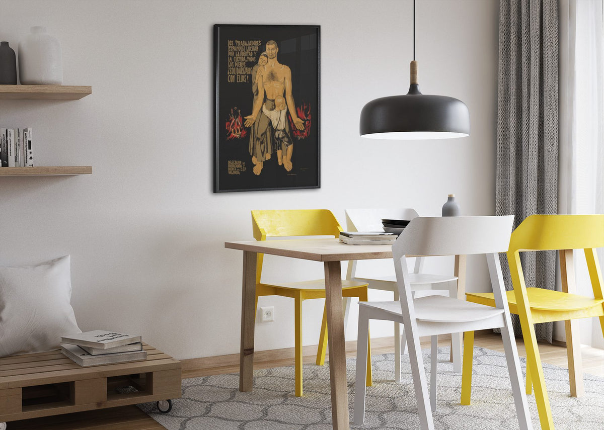Spanish Workers Fight! poster framed above a dining table