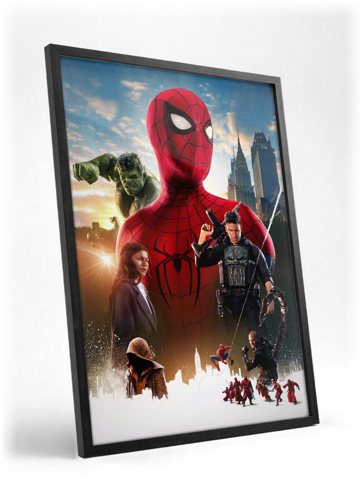 Spider-Man: Brand New Day (2026) Movie Ensemble Key Art poster in a black frame with glass leaning against a wall