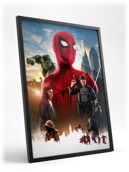 Spider-Man: Brand New Day (2026) Movie Ensemble Key Art poster in a black frame with glass leaning against a wall
