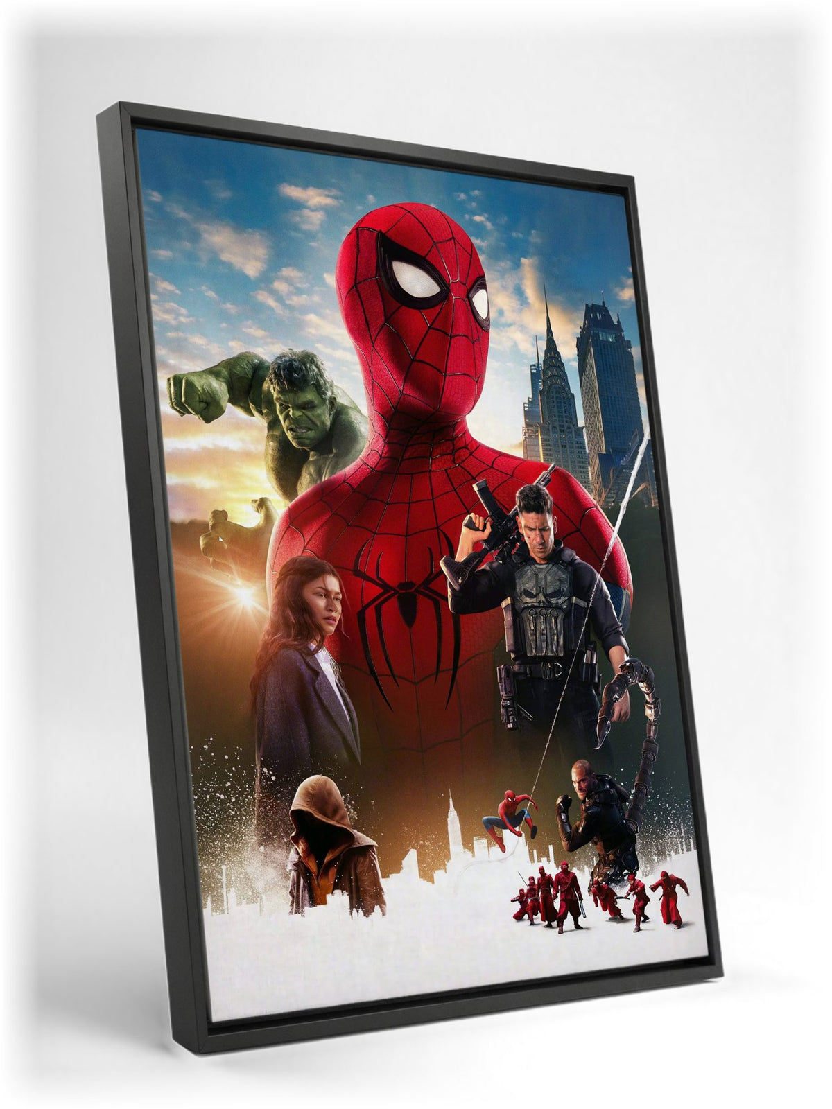 Spider-Man: Brand New Day (2026) Movie Ensemble Key Art as a black floater framed canvas leaning against a wall
