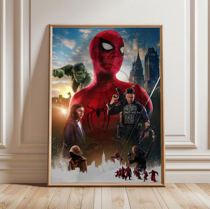 Spider-Man: Brand New Day (2026) Movie Ensemble Key Art poster in a light oak frame leaning against a white wall