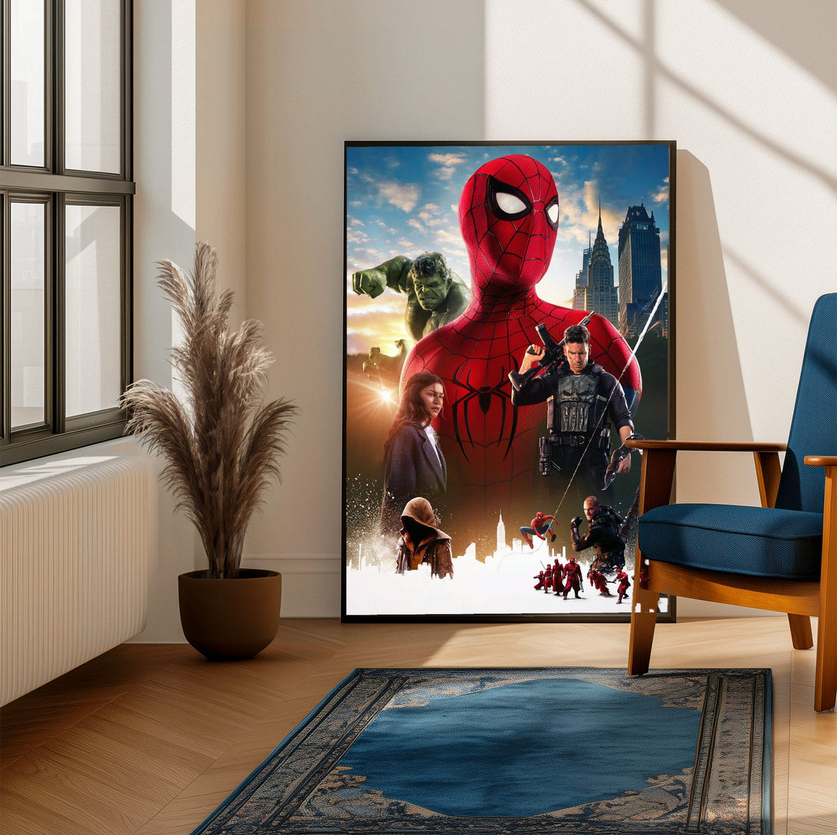 Spider-Man: Brand New Day (2026) Movie Ensemble Key Art poster framed beside a blue armchair in a sunlit room
