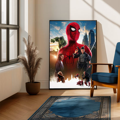 Spider-Man: Brand New Day (2026) Movie Ensemble Key Art poster framed beside a blue armchair in a sunlit room
