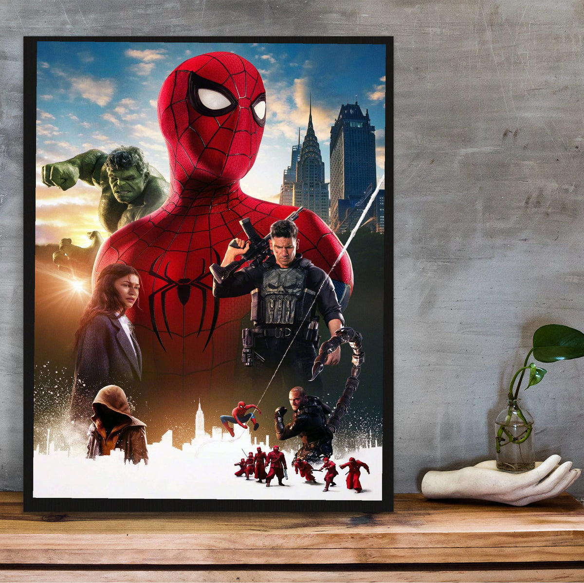 Spider-Man: Brand New Day (2026) Movie Ensemble Key Art poster in a black frame on a wooden shelf against concrete