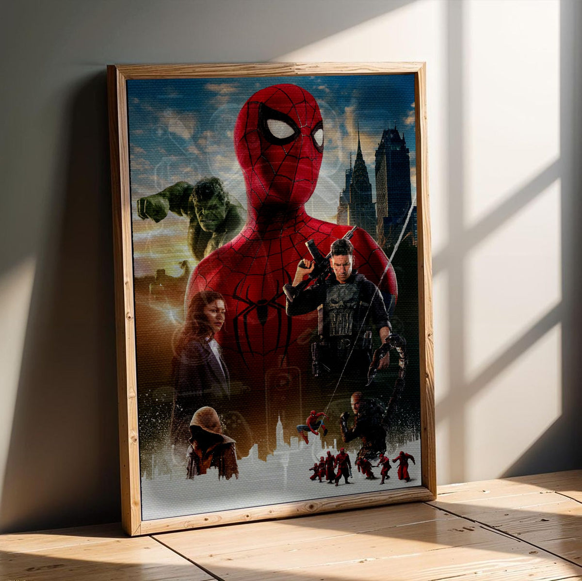 Spider-Man: Brand New Day (2026) Movie Ensemble Key Art poster in an oak frame leaning on a wooden floor