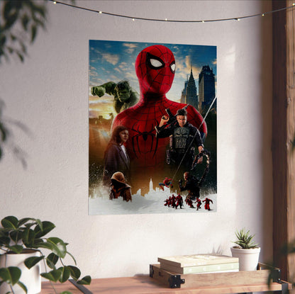 Spider-Man: Brand New Day (2026) Movie Ensemble Key Art poster unframed on a white wall above a desk