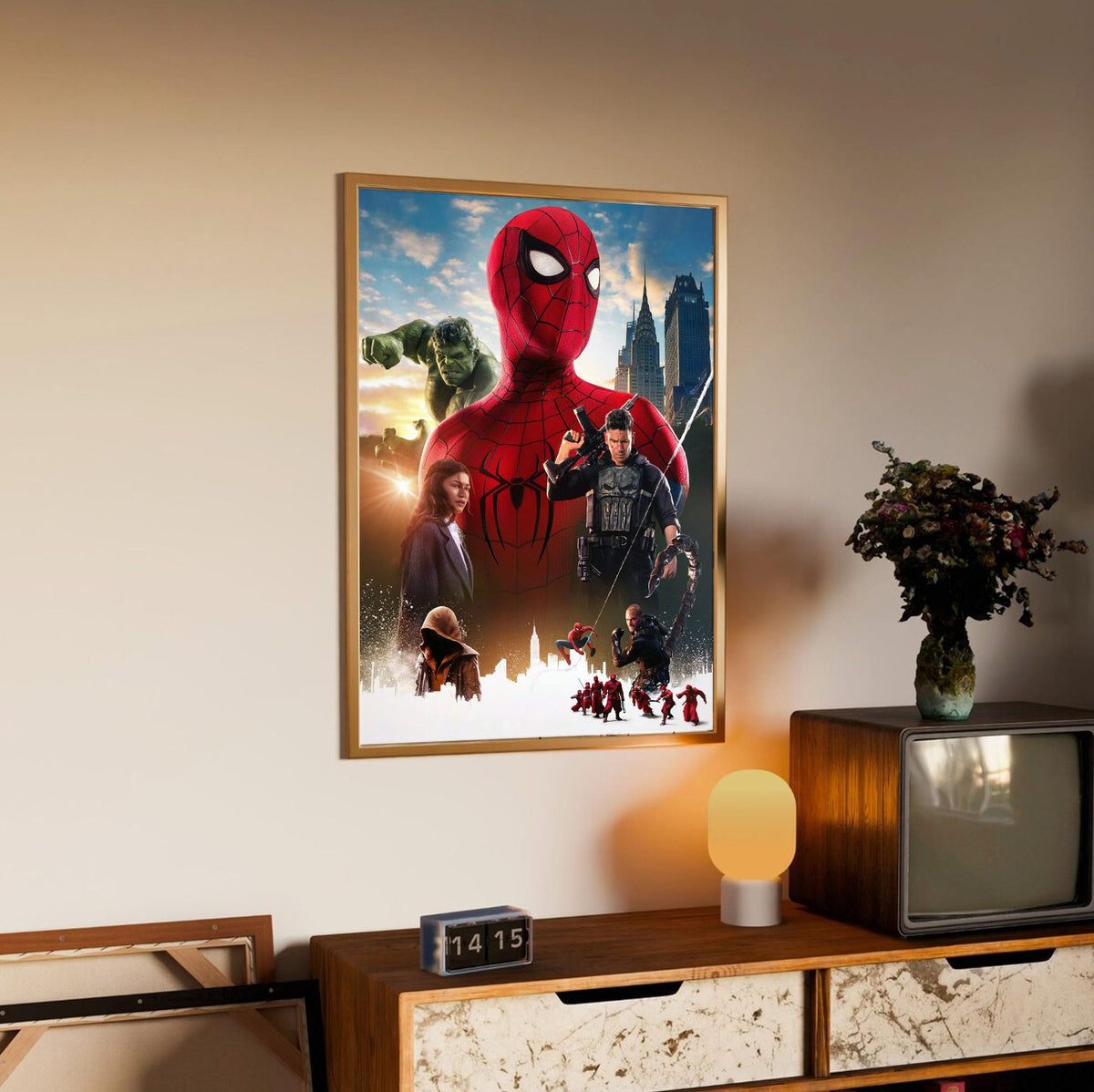 Spider-Man: Brand New Day (2026) Movie Ensemble Key Art poster in an oak frame above a sideboard
