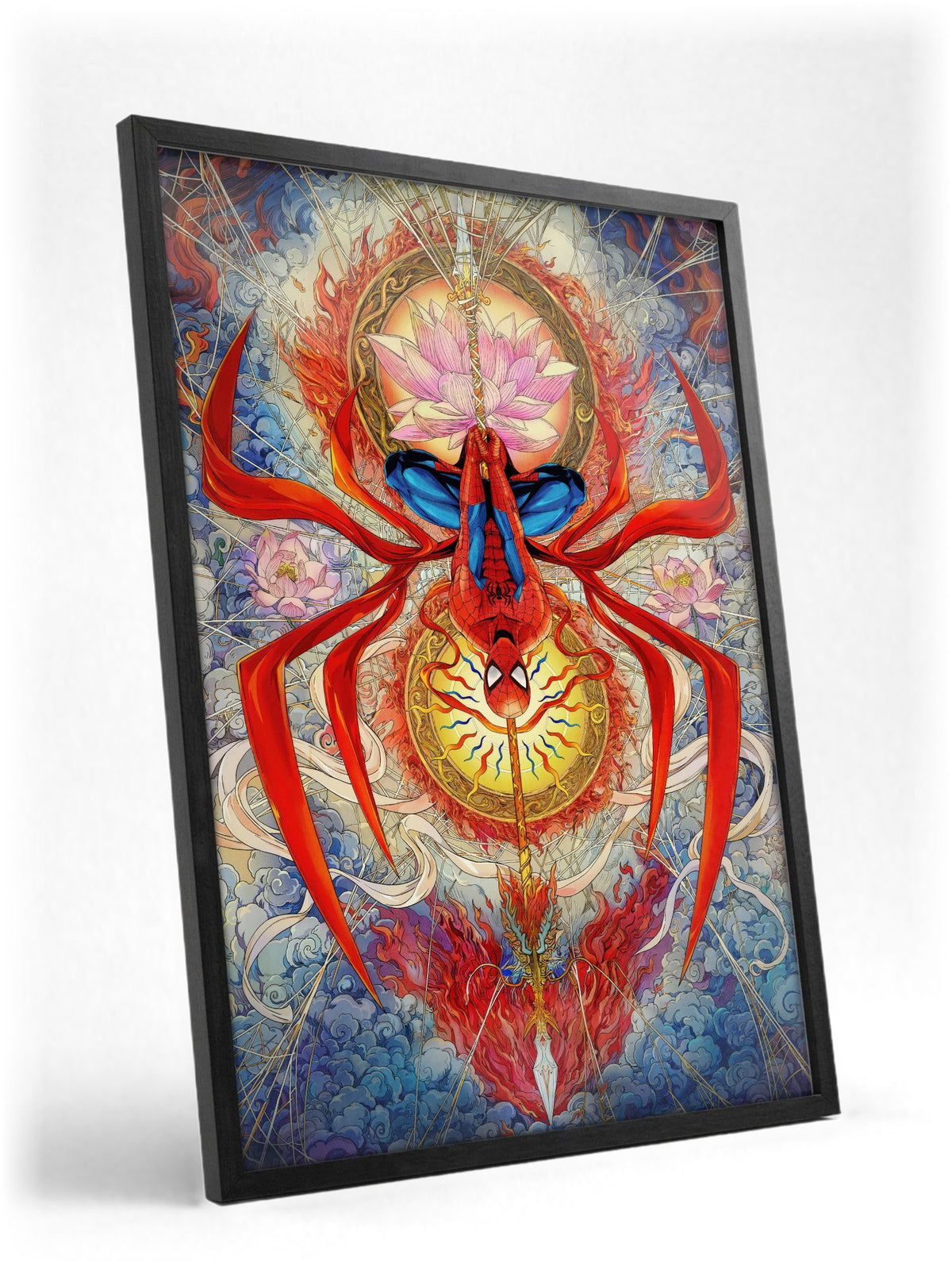 Spider-Man: Brand New Day (2026) Movie Psychedelic Spider Art poster in a black frame with glass leaning against a wall