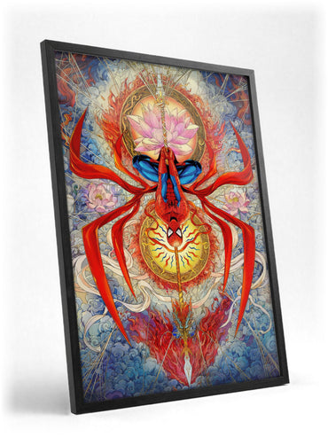 Spider-Man: Brand New Day (2026) Movie Psychedelic Spider Art poster in a black frame with glass leaning against a wall
