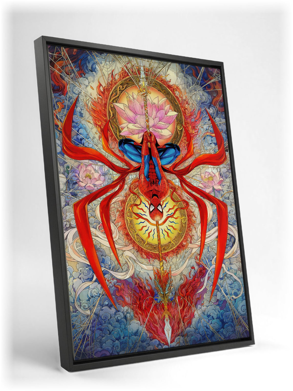 Spider-Man: Brand New Day (2026) Movie Psychedelic Spider Art as a black floater framed canvas leaning against a wall
