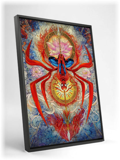 Spider-Man: Brand New Day (2026) Movie Psychedelic Spider Art as a black floater framed canvas leaning against a wall