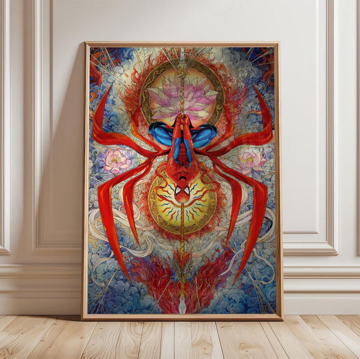Spider-Man: Brand New Day (2026) Movie Psychedelic Spider Art poster in a light oak frame leaning against a white wall
