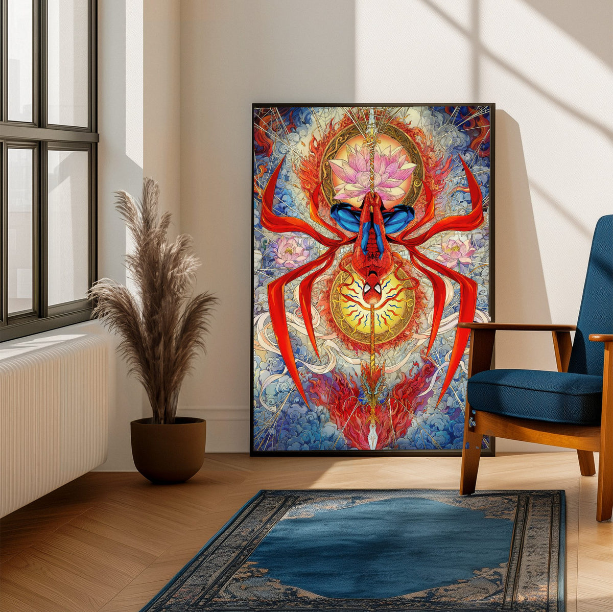 Spider-Man: Brand New Day (2026) Movie Psychedelic Spider Art poster framed beside a blue armchair in a sunlit room