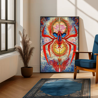 Spider-Man: Brand New Day (2026) Movie Psychedelic Spider Art poster framed beside a blue armchair in a sunlit room