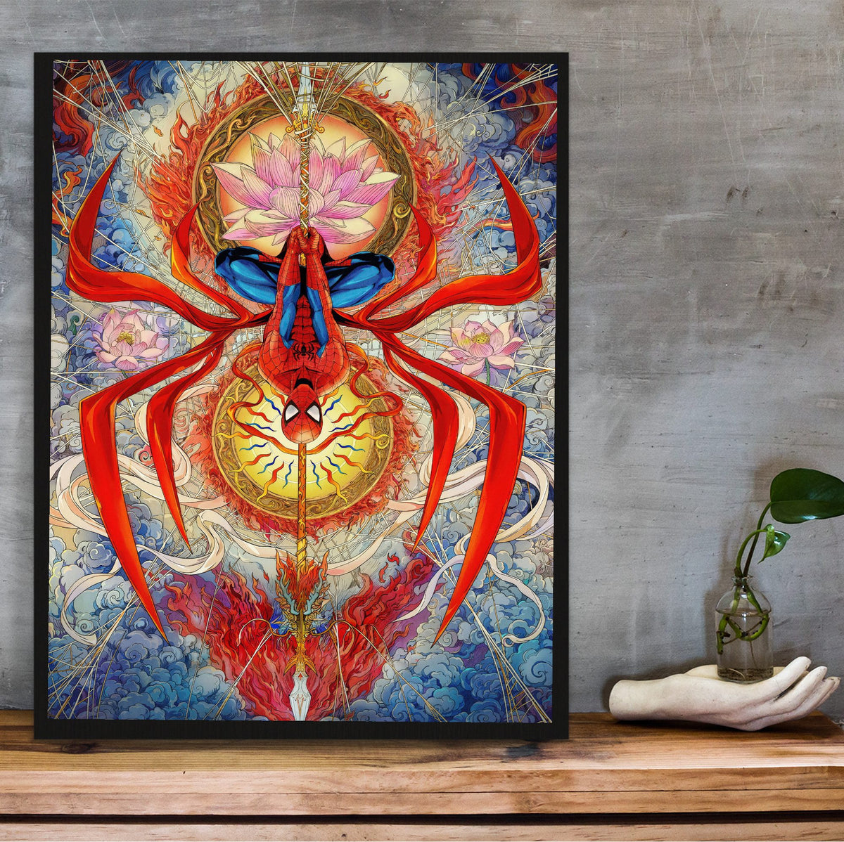 Spider-Man: Brand New Day (2026) Movie Psychedelic Spider Art poster in a black frame on a wooden shelf against concrete
