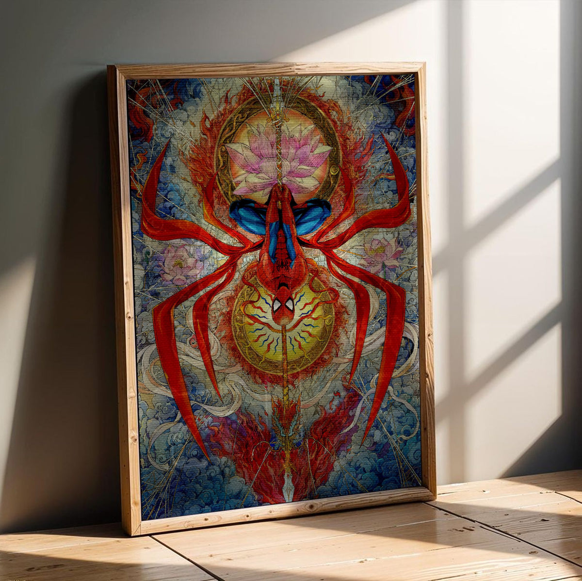 Spider-Man: Brand New Day (2026) Movie Psychedelic Spider Art poster in an oak frame leaning on a wooden floor
