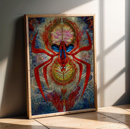 Spider-Man: Brand New Day (2026) Movie Psychedelic Spider Art poster in an oak frame leaning on a wooden floor