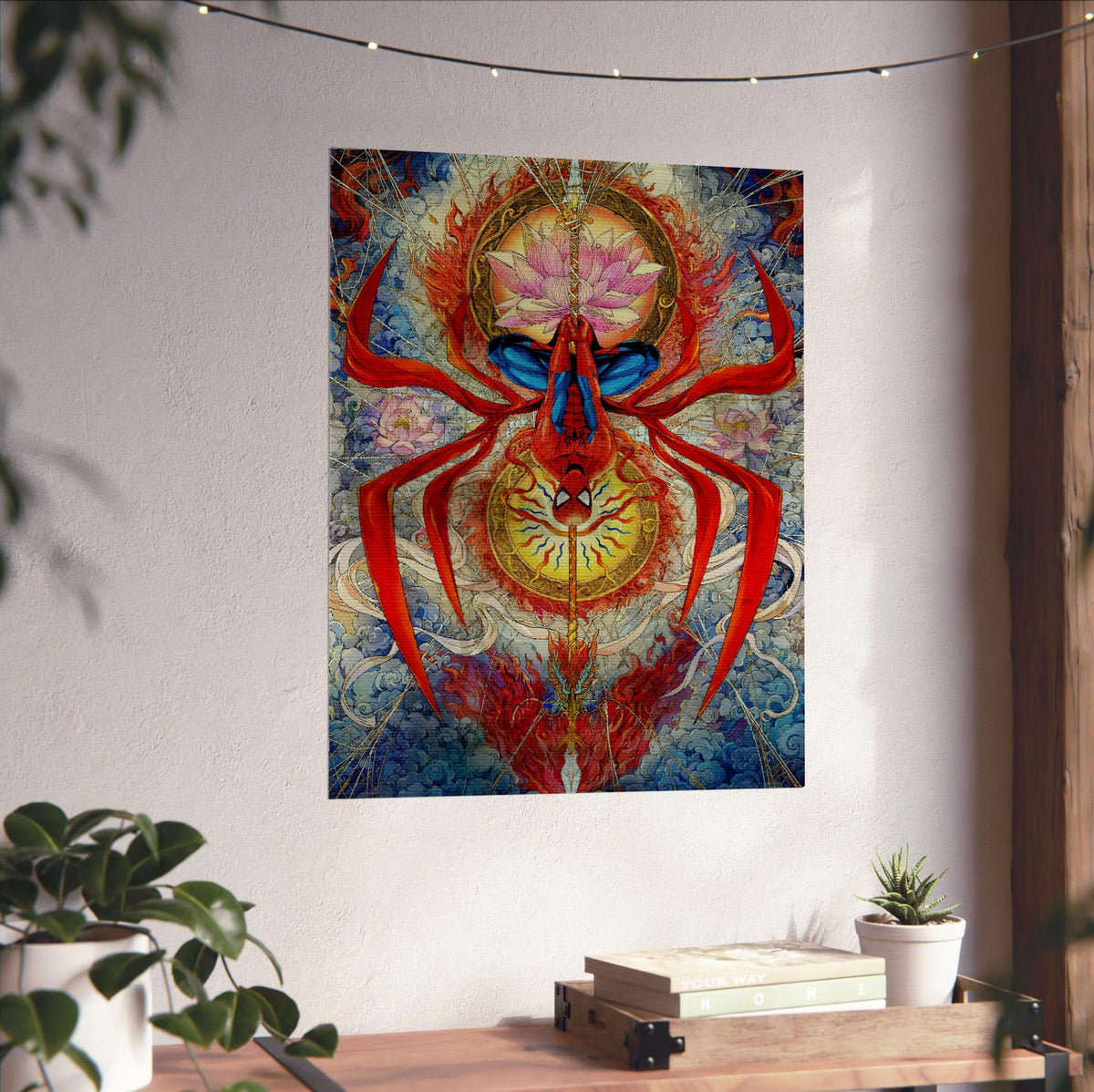 Spider-Man: Brand New Day (2026) Movie Psychedelic Spider Art poster unframed on a white wall above a desk